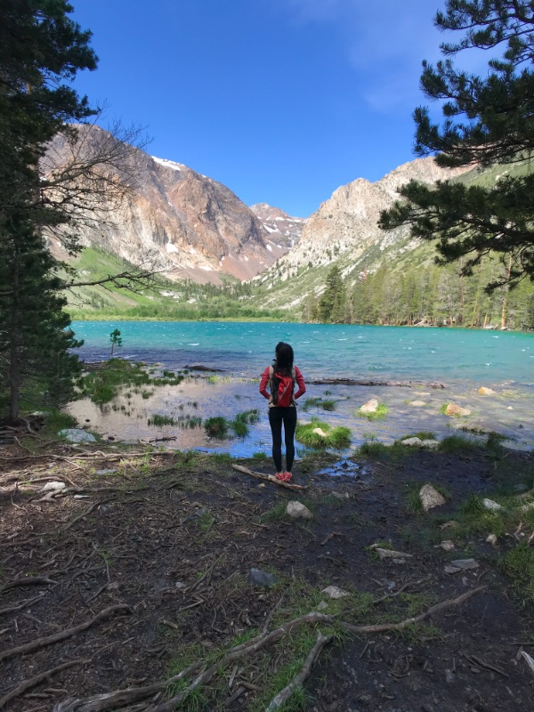 girl at turquoise lake in california, parker lake