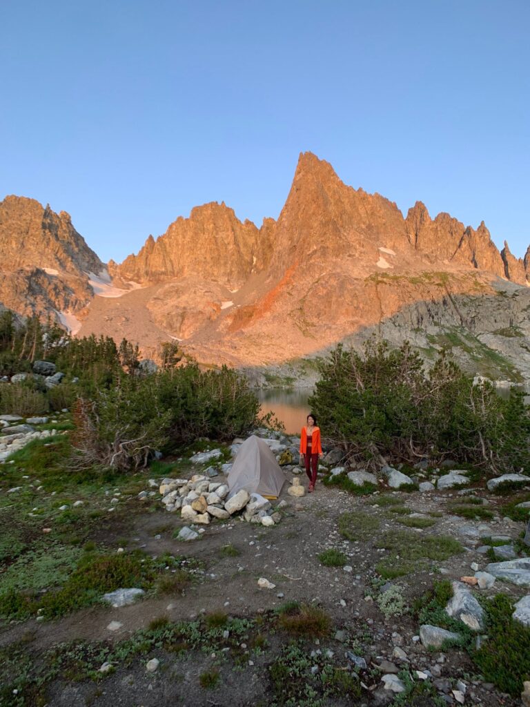 tiff camping in front of minarets in big agnes fly creek