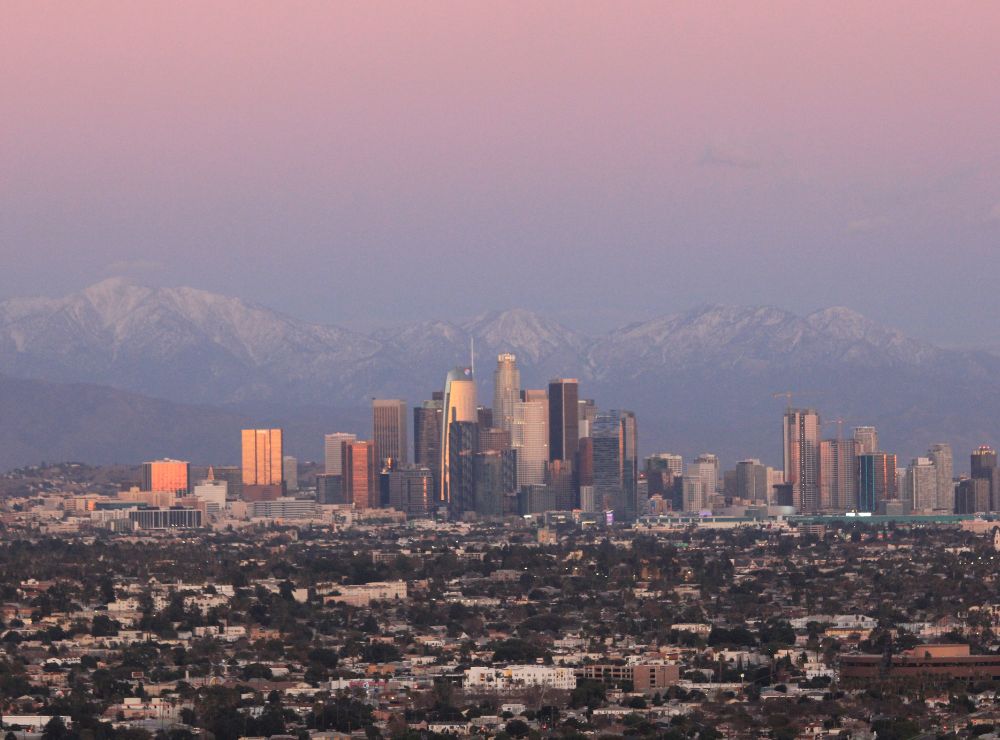 downtown los angeles and san gabriel mountains winter