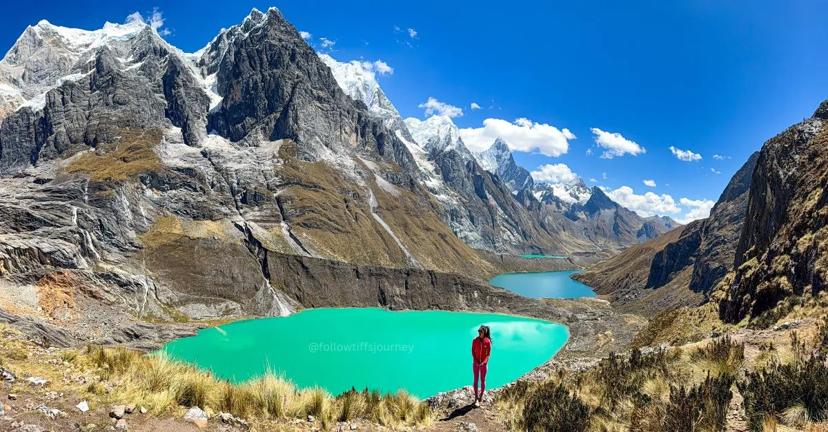 Tiff overlooking turquoise lakes beneath the peaks of the Cordillera Huayhuash