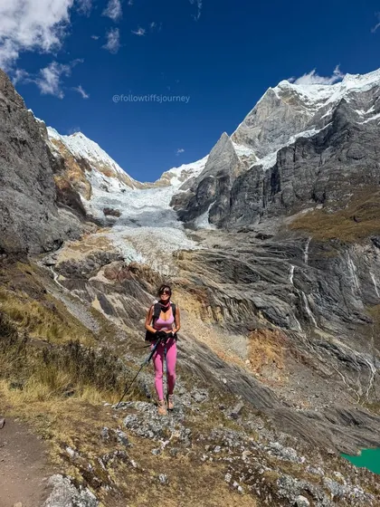 Tiff hiking beneath rugged Huayhuash peaks